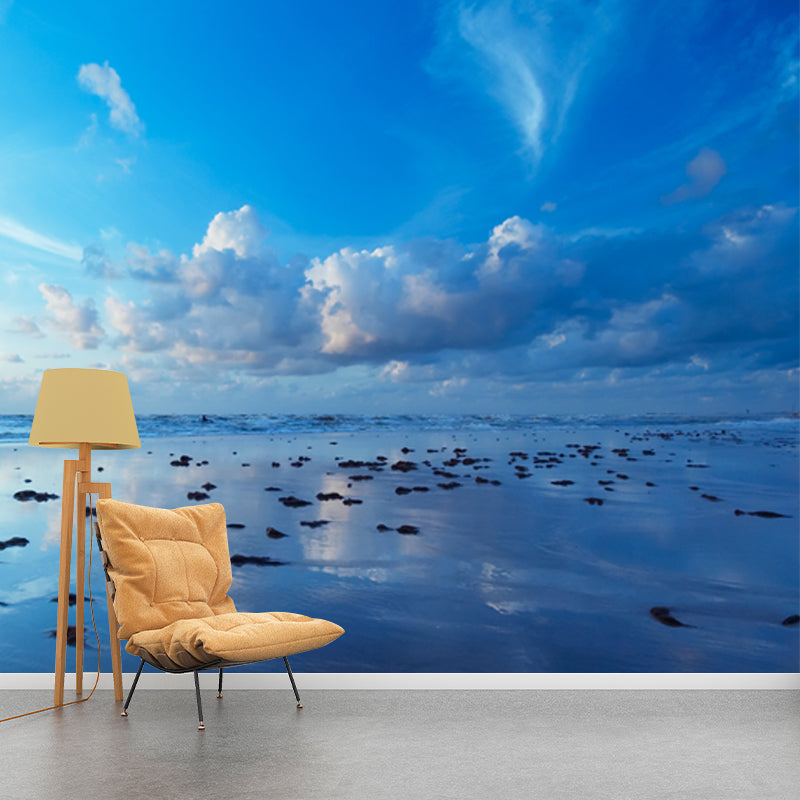 Tranquil Sea Mirror Mural Wallpaper for Living Room, Blue, Custom Size Available Clearhalo 'Wall Decor' 'Wall Mural' 1468909