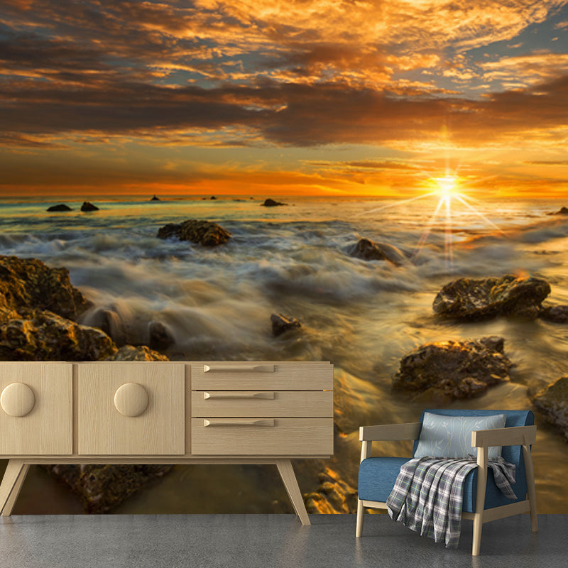 Stunning Seashore Sunset Mural Wallpaper for Home, Yellow-Blue, Personalized Size Clearhalo 'Wall Decor' 'Wall Mural' 1468958