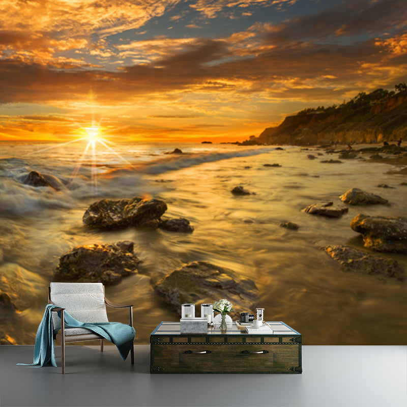 Stunning Seashore Sunset Mural Wallpaper for Home, Yellow-Blue, Personalized Size Clearhalo 'Wall Decor' 'Wall Mural' 1468959