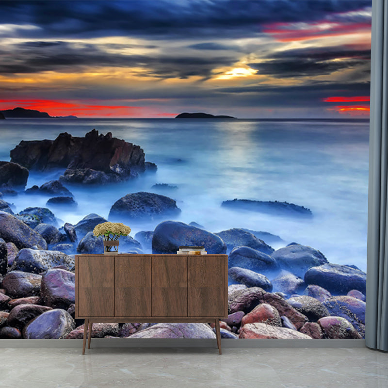 Sundown Stone Shore Wallpaper Mural Contemporary Non-Woven Cloth Wall Covering in Blue Blue Clearhalo 'Wall Decor' 'Wall Mural' 1468962