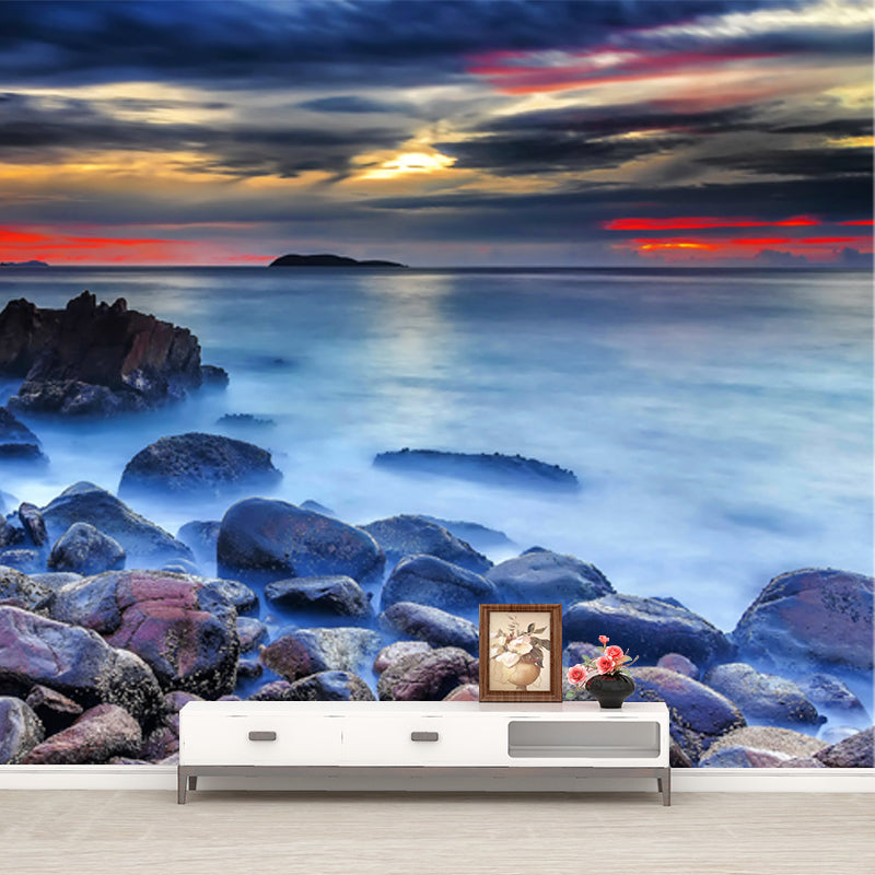 Sundown Stone Shore Wallpaper Mural Contemporary Non-Woven Cloth Wall Covering in Blue Clearhalo 'Wall Decor' 'Wall Mural' 1468964