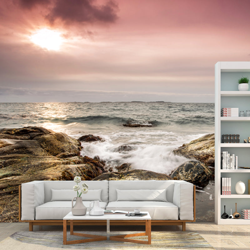 Vast Sea and Rock Mural for Living Room Seascapes Wall Covering, Custom Size Available Pink Clearhalo 'Wall Decor' 'Wall Mural' 1468977