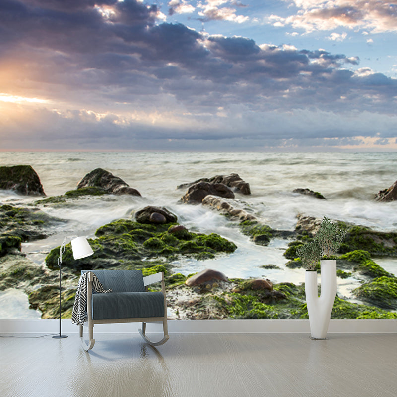 Big Seascapes Wall Paper Mural for Home Evening Sunshine on Moss Stone Wall Decor in Green, Washable Clearhalo 'Wall Decor' 'Wall Mural' 1468988