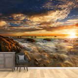 Sundown Seashore with Rock Mural Tropical Non-Woven Fabric Wall Art in Yellow-Blue Clearhalo 'Wall Decor' 'Wall Mural' 1468998