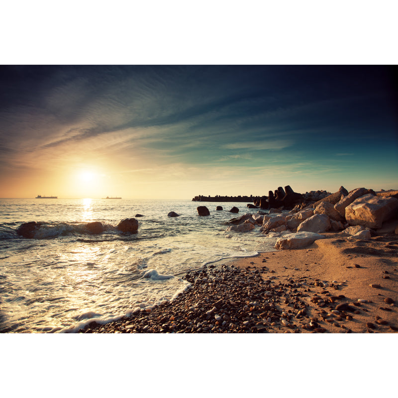 Photography Dusk Seascapes Wall Mural for Accent Wall, Blue-Brown, Custom Printed Clearhalo 'Wall Decor' 'Wall Mural' 1469025