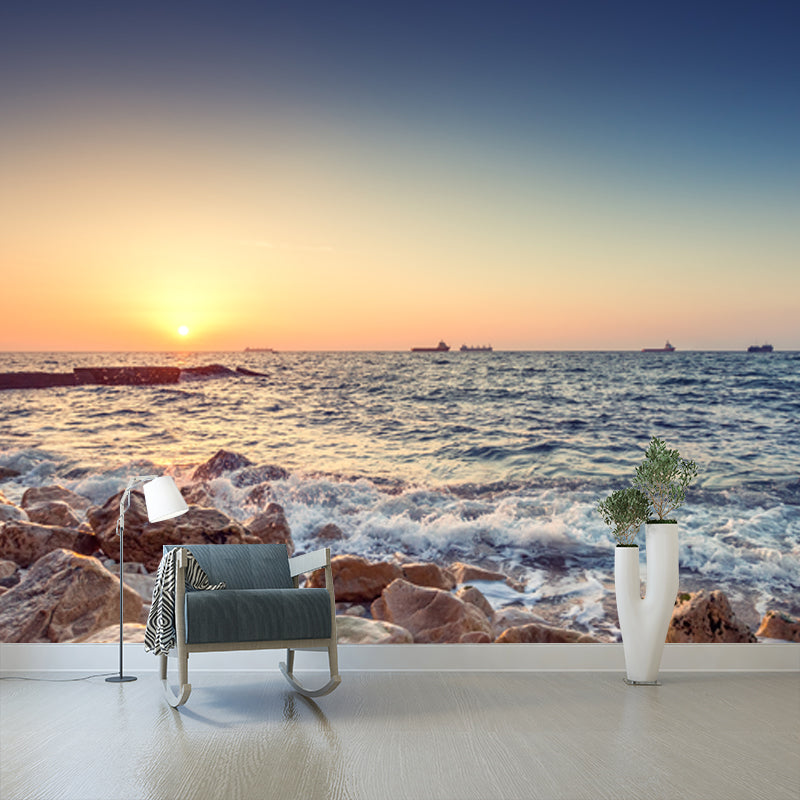 Tropic Ocean Rocky Bay Mural Wallpaper Blue Sunset Scenery Wall Art, Customization Blue Clearhalo 'Wall Decor' 'Wall Mural' 1469032