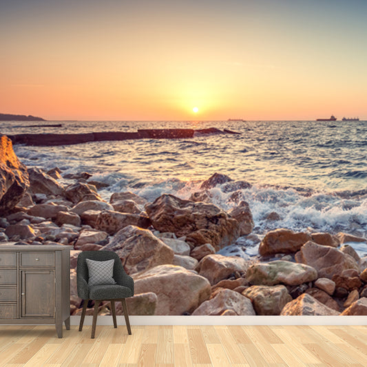 Tropic Ocean Rocky Bay Mural Wallpaper Blue Sunset Scenery Wall Art, Customization Clearhalo 'Wall Decor' 'Wall Mural' 1469033