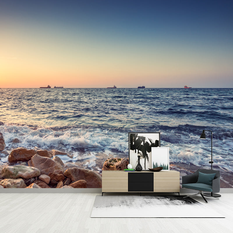 Tropic Ocean Rocky Bay Mural Wallpaper Blue Sunset Scenery Wall Art, Customization Clearhalo 'Wall Decor' 'Wall Mural' 1469034