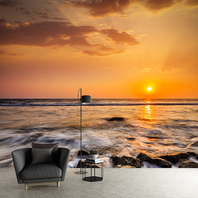 Yellow Evening Sun Wallpaper Mural Seashore View Modern Waterproof Wall Art for Home Yellow Clearhalo 'Wall Decor' 'Wall Mural' 1469047