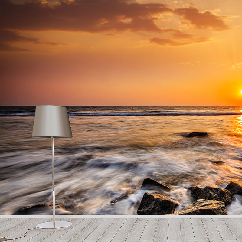 Yellow Evening Sun Wallpaper Mural Seashore View Modern Waterproof Wall Art for Home Clearhalo 'Wall Decor' 'Wall Mural' 1469048