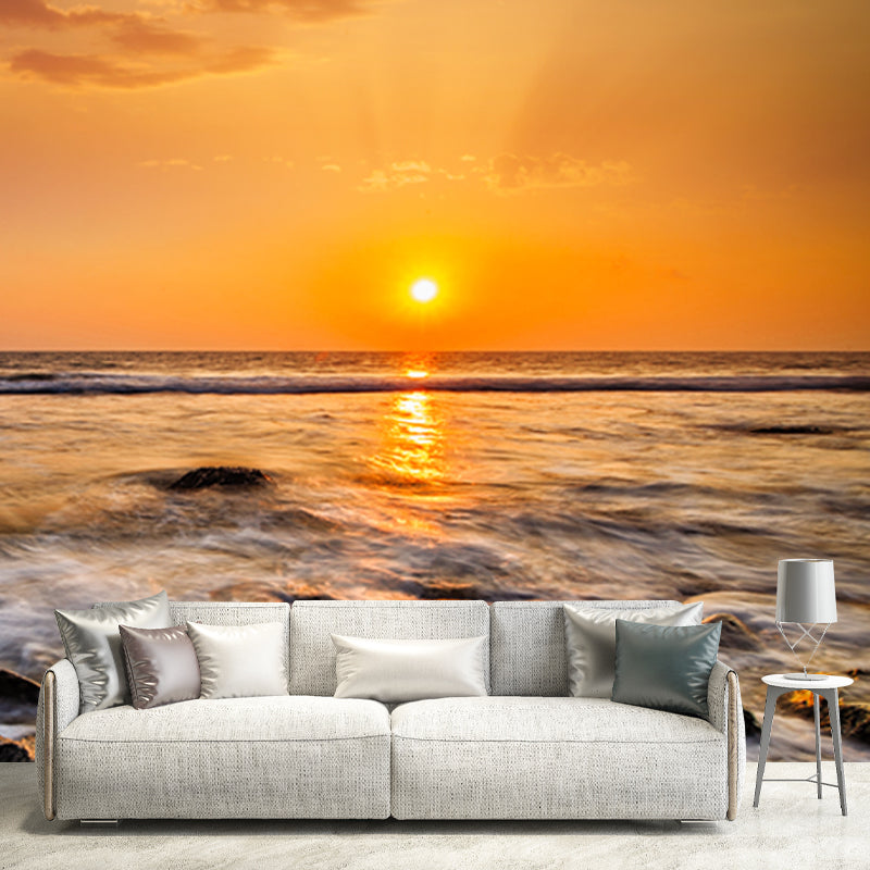 Yellow Evening Sun Wallpaper Mural Seashore View Modern Waterproof Wall Art for Home Clearhalo 'Wall Decor' 'Wall Mural' 1469049