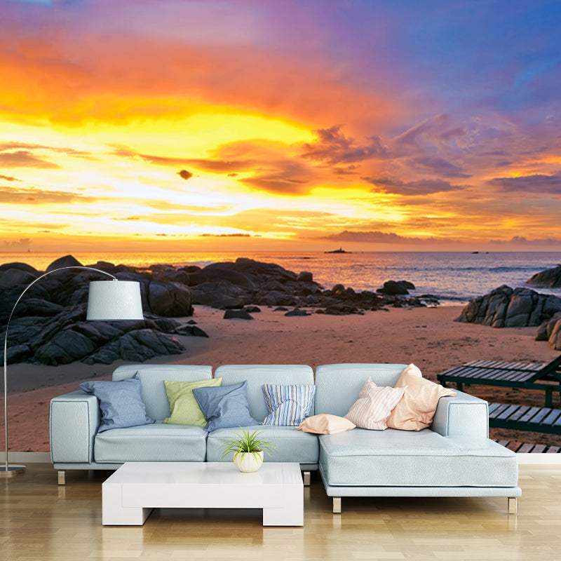 Sunset Coastal Beach Bench Mural Tropical Non-Woven Material Wall Decor in Yellow Yellow Clearhalo 'Wall Decor' 'Wall Mural' 1469052