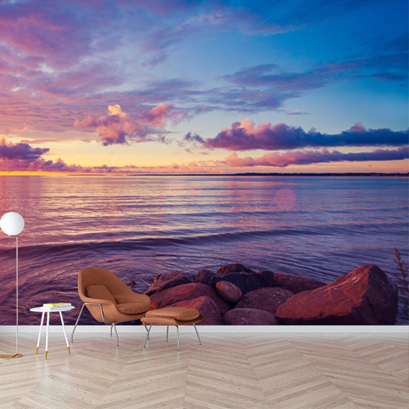 Sunset Above Sea Surface Mural Blue-Purple Modernist Wall Decor for Home Gallery Blue Clearhalo 'Wall Decor' 'Wall Mural' 1469062