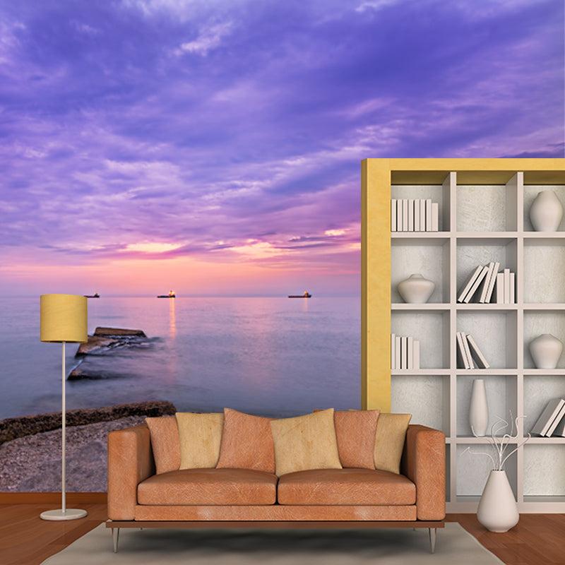 Tropics Nightfall Ocean Wallpaper Mural for Bedroom Customized Wall Art in Purple Clearhalo 'Wall Decor' 'Wall Mural' 1469099