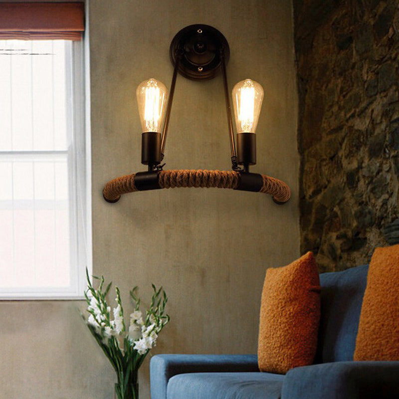 Roped Half-Ring Wall Lighting Vintage Style 2 Lights Living Room Wall Lamp with Bare Bulb in Black Black Clearhalo 'Art deco wall lights' 'Cast Iron' 'Glass' 'Industrial wall lights' 'Industrial' 'Middle century wall lights' 'Modern' 'Rustic wall lights' 'Tiffany' 'Traditional wall lights' 'Wall Lamps & Sconces' 'Wall Lights' Lighting' 146913