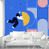 Art Deco Filling Blank Mural for Bedroom Custom Wall Covering in Pink-Yellow on Blue Clearhalo 'Wall Decor' 'Wall Mural' 1469159