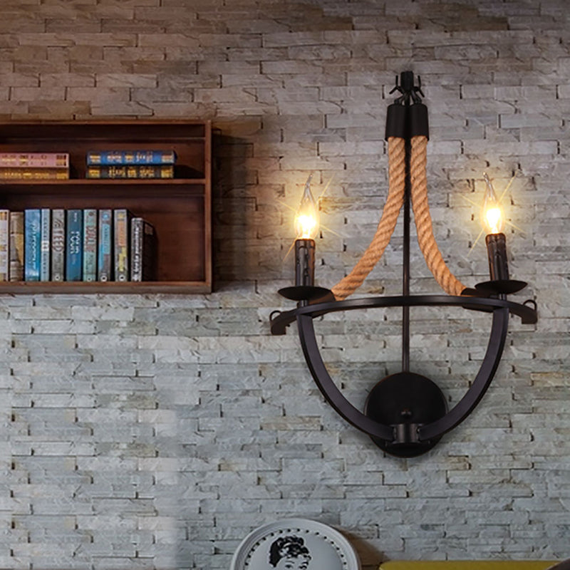 Loft Style Open Bulb Wall Lighting 2 Lights Manila Rope and Metal Wall Sconce in Black for Living Room Black Clearhalo 'Art deco wall lights' 'Cast Iron' 'Glass' 'Industrial wall lights' 'Industrial' 'Middle century wall lights' 'Modern' 'Rustic wall lights' 'Tiffany' 'Traditional wall lights' 'Wall Lamps & Sconces' 'Wall Lights' Lighting' 146925