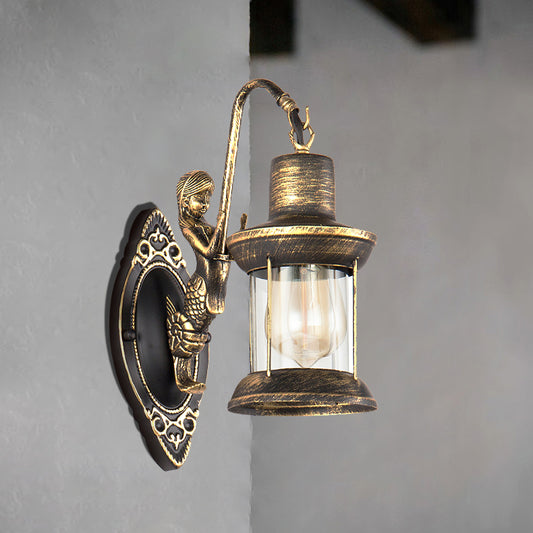 Clear Glass Bronze Sconce Light Lantern 1-Light Industrial Wall Lamp Fixture with Mermaid Decoration Bronze Clearhalo 'Art deco wall lights' 'Cast Iron' 'Glass' 'Industrial wall lights' 'Industrial' 'Middle century wall lights' 'Modern' 'Rustic wall lights' 'Tiffany' 'Traditional wall lights' 'Wall Lamps & Sconces' 'Wall Lights' Lighting' 146941