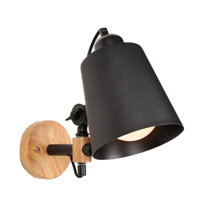 Bucket Shade Metal Wall Lamp Modernism 1 Light Corridor Wall Mount Light with Wooden Backplate in Black/White Clearhalo 'Cast Iron' 'Glass' 'Industrial' 'Modern wall lights' 'Modern' 'Tiffany' 'Traditional wall lights' 'Wall Lamps & Sconces' 'Wall Lights' Lighting' 147072
