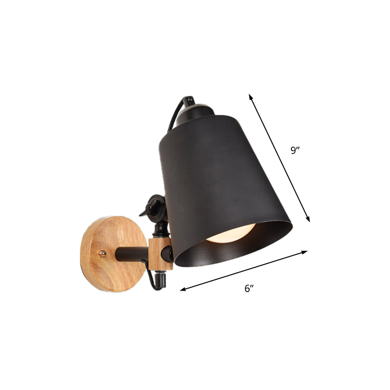 Bucket Shade Metal Wall Lamp Modernism 1 Light Corridor Wall Mount Light with Wooden Backplate in Black/White Clearhalo 'Cast Iron' 'Glass' 'Industrial' 'Modern wall lights' 'Modern' 'Tiffany' 'Traditional wall lights' 'Wall Lamps & Sconces' 'Wall Lights' Lighting' 147073