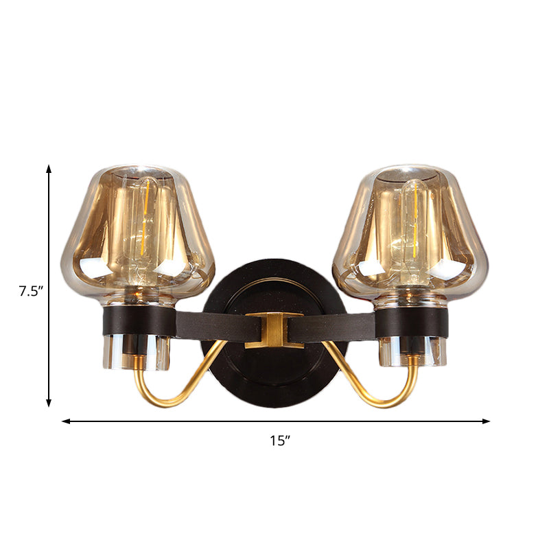 2-Light Mushroom Sconce Light Fixture Modern Black Amber Glass Wall Lamp for Living Room Clearhalo 'Cast Iron' 'Glass' 'Industrial' 'Modern wall lights' 'Modern' 'Tiffany' 'Traditional wall lights' 'Wall Lamps & Sconces' 'Wall Lights' Lighting' 147080