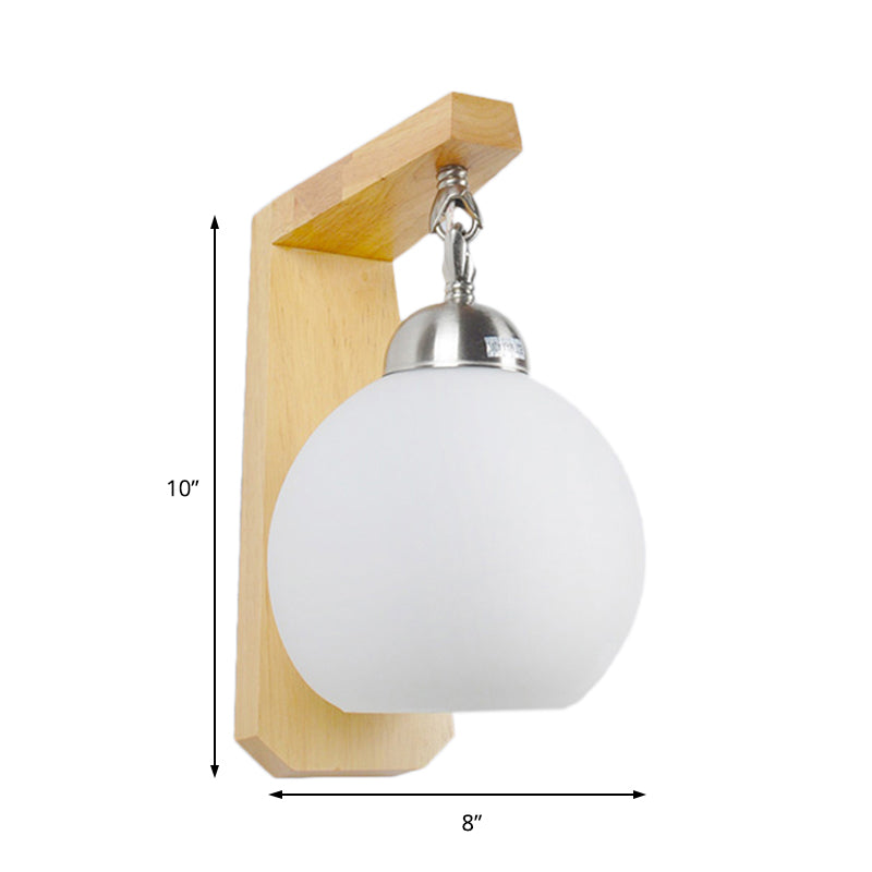 Opal Glass Globe Shade Wall Sconce Industrial 1 Light Bedroom Lighting Fixture with Wooden Backplate Clearhalo 'Modern wall lights' 'Modern' 'Wall Lamps & Sconces' 'Wall Lights' Lighting' 147102