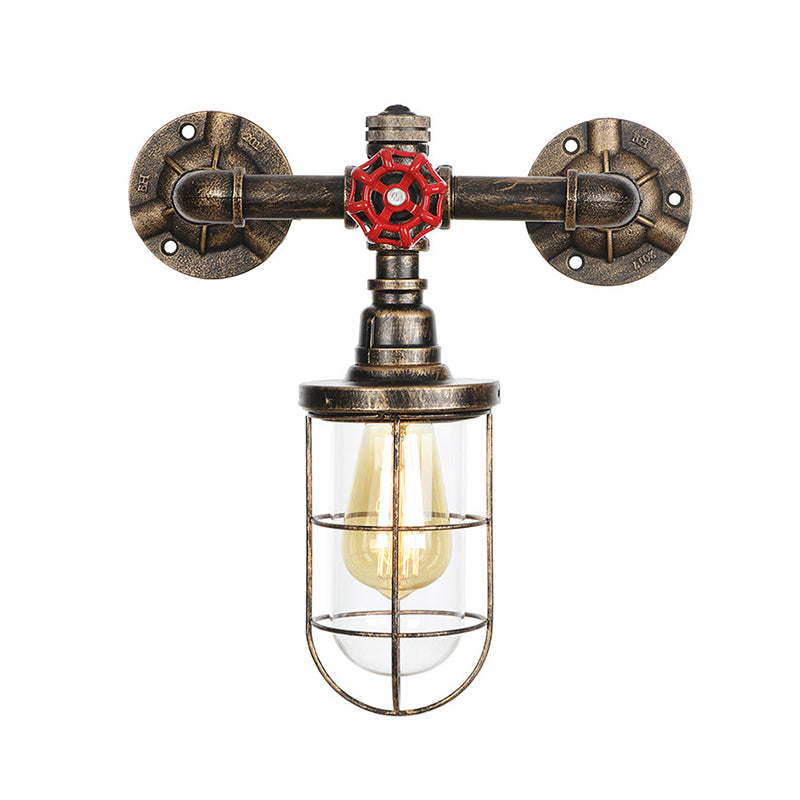 Wire Guard Iron Wall Sconce Lamp with Water Pipe Rustic Style 1 Light Bathroom Wall Light Fixture in Aged Brass Clearhalo 'Art deco wall lights' 'Cast Iron' 'Glass' 'Industrial wall lights' 'Industrial' 'Middle century wall lights' 'Modern' 'Rustic wall lights' 'Tiffany' 'Traditional wall lights' 'Wall Lamps & Sconces' 'Wall Lights' Lighting' 147254