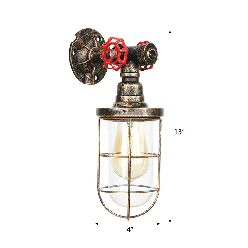 Wire Guard Iron Wall Sconce Lamp with Water Pipe Rustic Style 1 Light Bathroom Wall Light Fixture in Aged Brass Clearhalo 'Art deco wall lights' 'Cast Iron' 'Glass' 'Industrial wall lights' 'Industrial' 'Middle century wall lights' 'Modern' 'Rustic wall lights' 'Tiffany' 'Traditional wall lights' 'Wall Lamps & Sconces' 'Wall Lights' Lighting' 147258