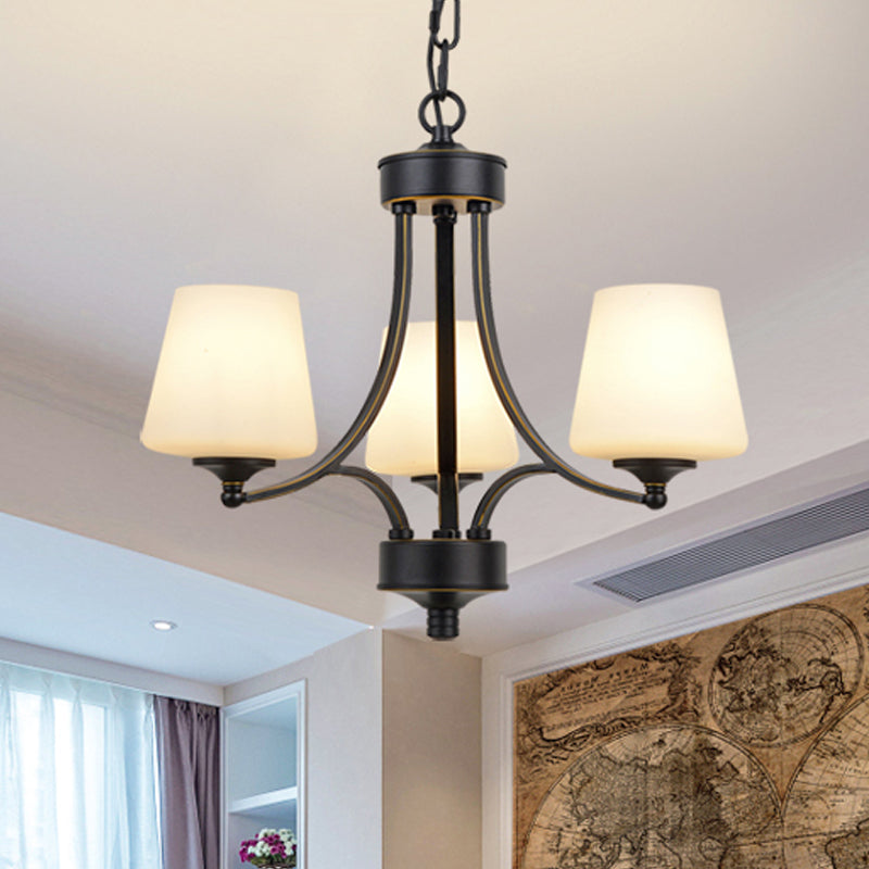 Traditional Tulip Chandelier Light Fixture 3/5/8 Bulbs Milky Glass Pendant Lighting in Black for Dining Room Clearhalo 'Ceiling Lights' 'Chandeliers' Lighting' options 1472629