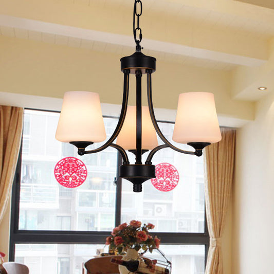 Traditional Tulip Chandelier Light Fixture 3/5/8 Bulbs Milky Glass Pendant Lighting in Black for Dining Room Clearhalo 'Ceiling Lights' 'Chandeliers' Lighting' options 1472630