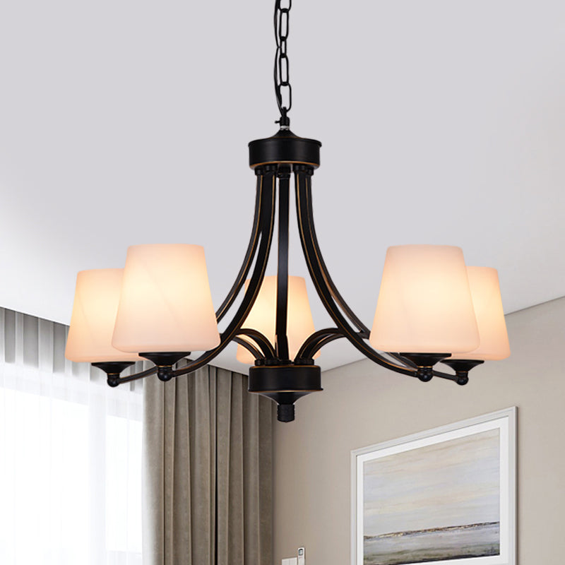 Traditional Tulip Chandelier Light Fixture 3/5/8 Bulbs Milky Glass Pendant Lighting in Black for Dining Room Clearhalo 'Ceiling Lights' 'Chandeliers' Lighting' options 1472634