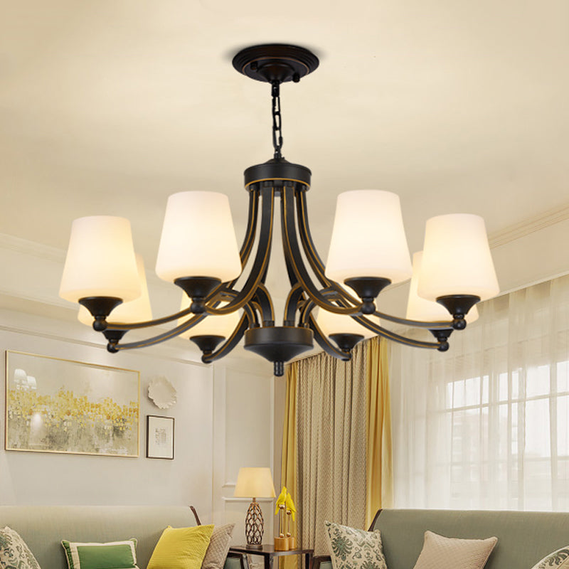 Traditional Tulip Chandelier Light Fixture 3/5/8 Bulbs Milky Glass Pendant Lighting in Black for Dining Room Clearhalo 'Ceiling Lights' 'Chandeliers' Lighting' options 1472639