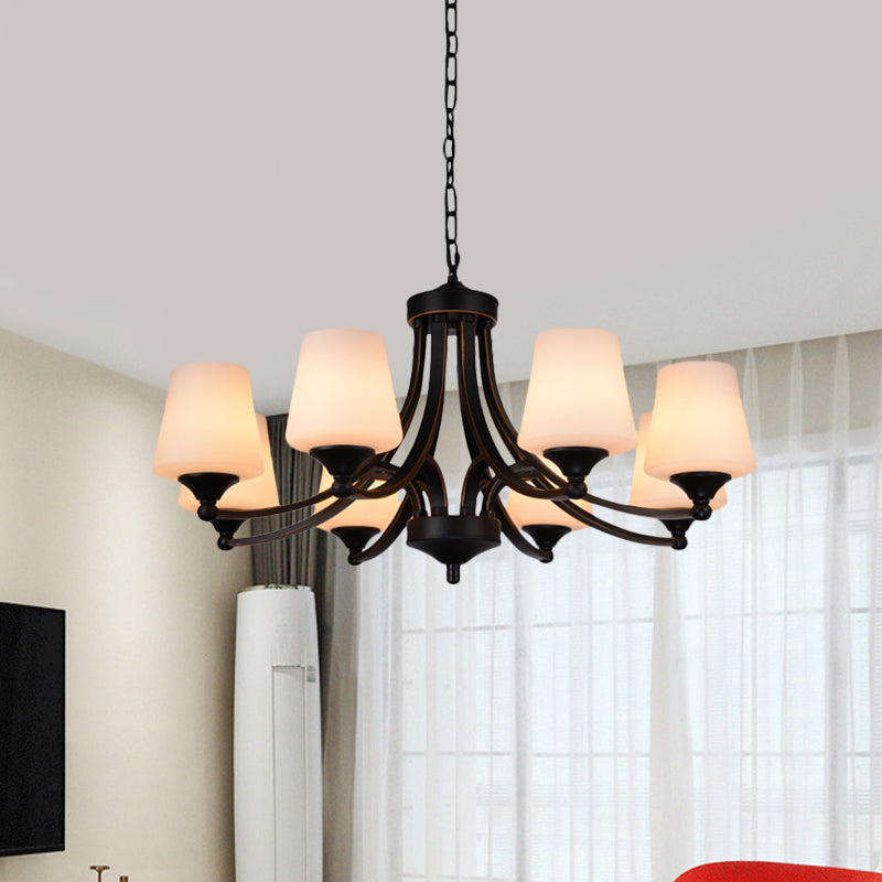 Traditional Tulip Chandelier Light Fixture 3/5/8 Bulbs Milky Glass Pendant Lighting in Black for Dining Room Clearhalo 'Ceiling Lights' 'Chandeliers' Lighting' options 1472640