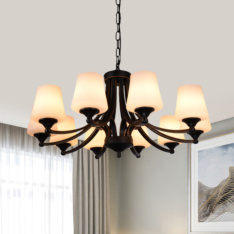 Traditional Tulip Chandelier Light Fixture 3/5/8 Bulbs Milky Glass Pendant Lighting in Black for Dining Room Clearhalo 'Ceiling Lights' 'Chandeliers' Lighting' options 1472644