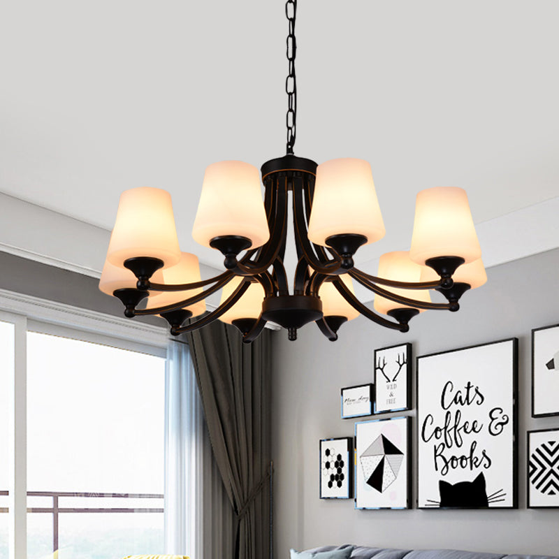 Traditional Tulip Chandelier Light Fixture 3/5/8 Bulbs Milky Glass Pendant Lighting in Black for Dining Room Clearhalo 'Ceiling Lights' 'Chandeliers' Lighting' options 1472645