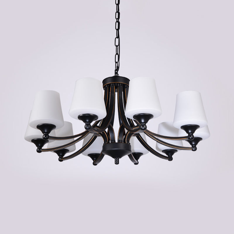 Traditional Tulip Chandelier Light Fixture 3/5/8 Bulbs Milky Glass Pendant Lighting in Black for Dining Room Clearhalo 'Ceiling Lights' 'Chandeliers' Lighting' options 1472646