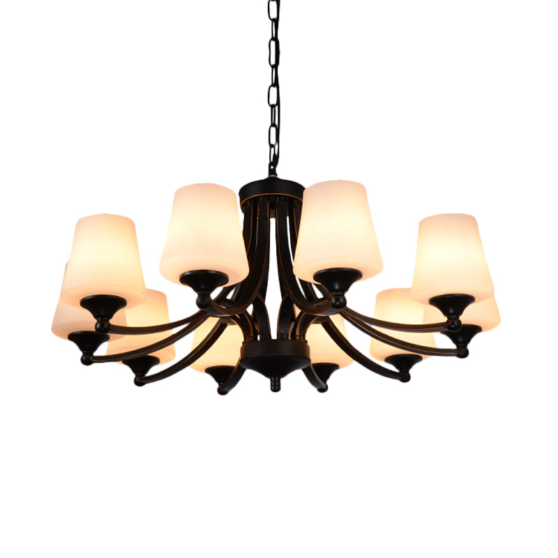 Traditional Tulip Chandelier Light Fixture 3/5/8 Bulbs Milky Glass Pendant Lighting in Black for Dining Room Clearhalo 'Ceiling Lights' 'Chandeliers' Lighting' options 1472647