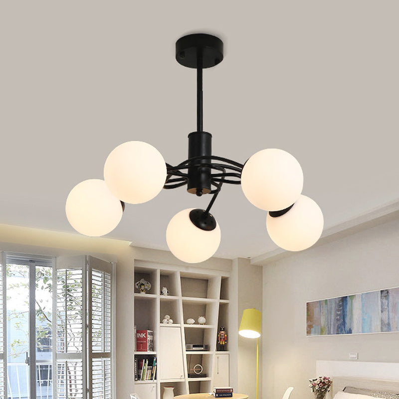 Global Bedroom Chandelier Lighting Fixture Modern White Glass 5-Bulb Black Pendant Light Clearhalo 'Ceiling Lights' 'Chandeliers' Lighting' options 1472655