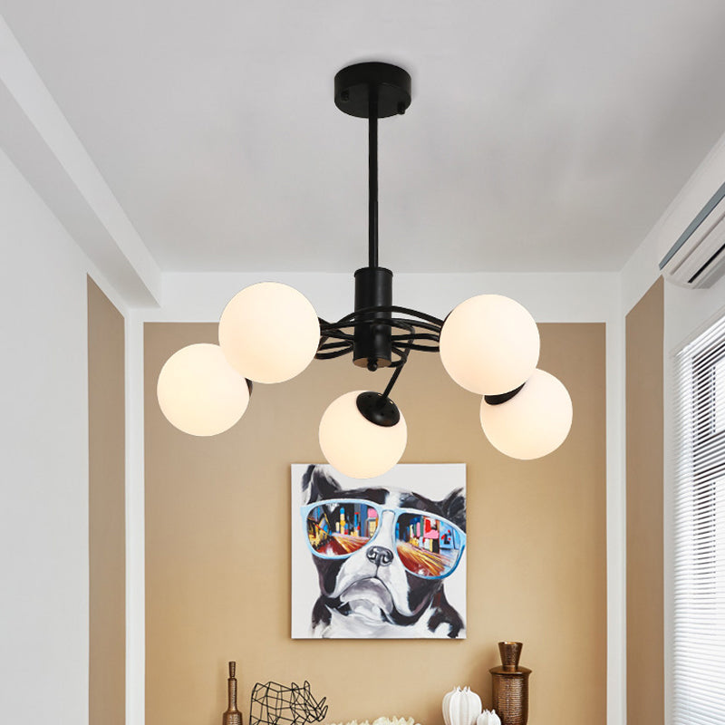 Global Bedroom Chandelier Lighting Fixture Modern White Glass 5-Bulb Black Pendant Light Clearhalo 'Ceiling Lights' 'Chandeliers' Lighting' options 1472656