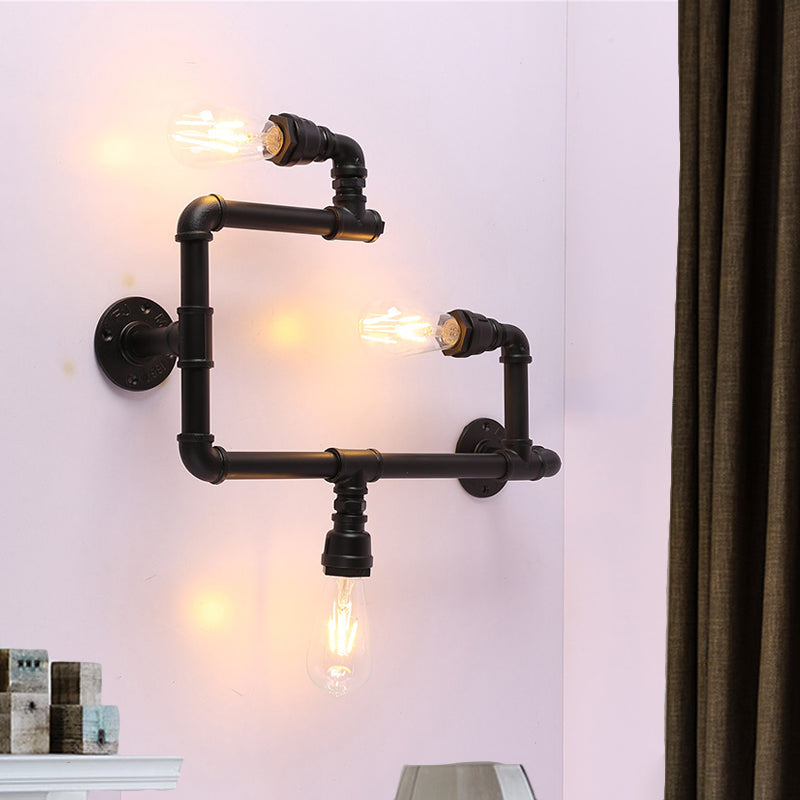 Industrial Twisted Pipe Wall Sconce 3 Heads Iron Wall Mounted Light Fixture in Black for Restaurant Black Clearhalo 'Art deco wall lights' 'Cast Iron' 'Glass' 'Industrial wall lights' 'Industrial' 'Middle century wall lights' 'Modern' 'Rustic wall lights' 'Tiffany' 'Traditional wall lights' 'Wall Lamps & Sconces' 'Wall Lights' Lighting' 1472699