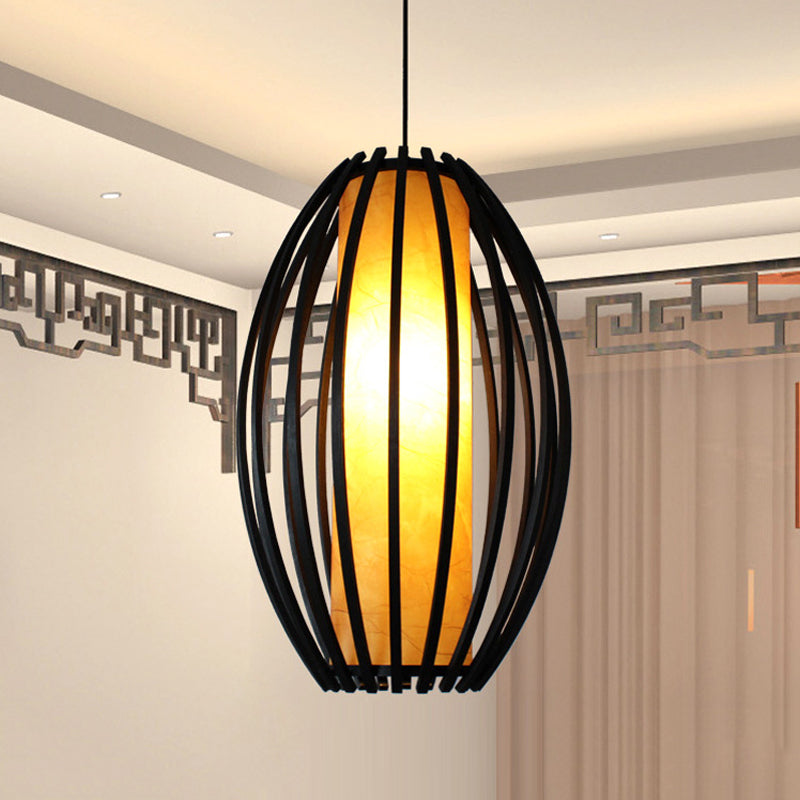 1-Light Hanging Light Kit Traditional Oval Cage Bamboo Ceiling Lamp in Black with Tube Shade Inside Clearhalo 'Ceiling Lights' 'Pendant Lights' 'Pendants' Lighting' 1472797