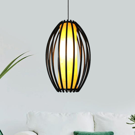 1-Light Hanging Light Kit Traditional Oval Cage Bamboo Ceiling Lamp in Black with Tube Shade Inside Clearhalo 'Ceiling Lights' 'Pendant Lights' 'Pendants' Lighting' 1472798