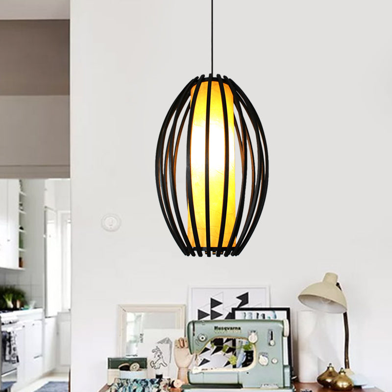 1-Light Hanging Light Kit Traditional Oval Cage Bamboo Ceiling Lamp in Black with Tube Shade Inside Clearhalo 'Ceiling Lights' 'Pendant Lights' 'Pendants' Lighting' 1472799