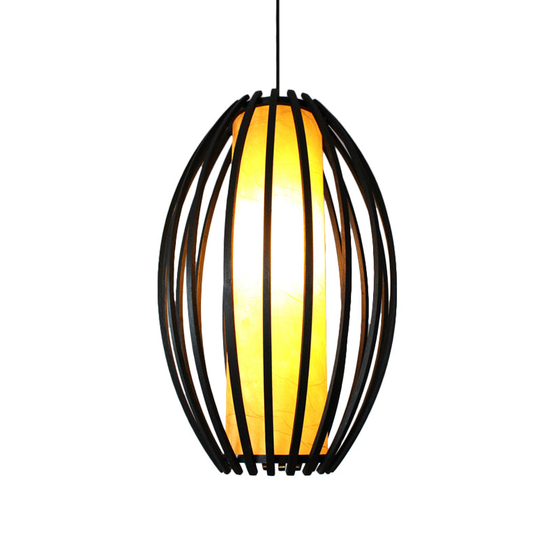 1-Light Hanging Light Kit Traditional Oval Cage Bamboo Ceiling Lamp in Black with Tube Shade Inside Clearhalo 'Ceiling Lights' 'Pendant Lights' 'Pendants' Lighting' 1472800