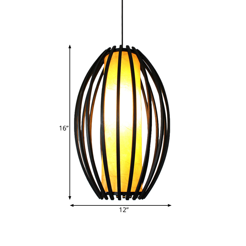 1-Light Hanging Light Kit Traditional Oval Cage Bamboo Ceiling Lamp in Black with Tube Shade Inside Clearhalo 'Ceiling Lights' 'Pendant Lights' 'Pendants' Lighting' 1472801