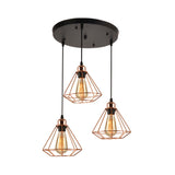 3 Heads Multi Hanging Light Iron Loft Style Dining Room Ceiling Lamp with Diamond Cage and Round/Linear Canopy, Rose Gold Clearhalo 'Art Deco Pendants' 'Cast Iron' 'Ceiling Lights' 'Ceramic' 'Crystal' 'Industrial Pendants' 'Industrial' 'Metal' 'Middle Century Pendants' 'Pendant Lights' 'Pendants' 'Tiffany' Lighting' 1472983