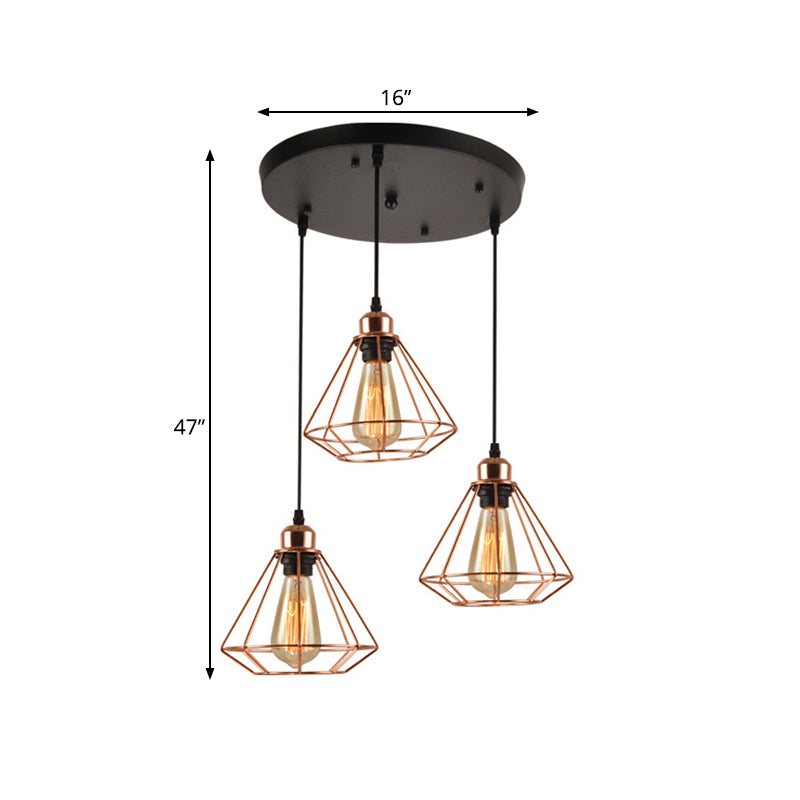 3 Heads Multi Hanging Light Iron Loft Style Dining Room Ceiling Lamp with Diamond Cage and Round/Linear Canopy, Rose Gold Clearhalo 'Art Deco Pendants' 'Cast Iron' 'Ceiling Lights' 'Ceramic' 'Crystal' 'Industrial Pendants' 'Industrial' 'Metal' 'Middle Century Pendants' 'Pendant Lights' 'Pendants' 'Tiffany' Lighting' 1472984
