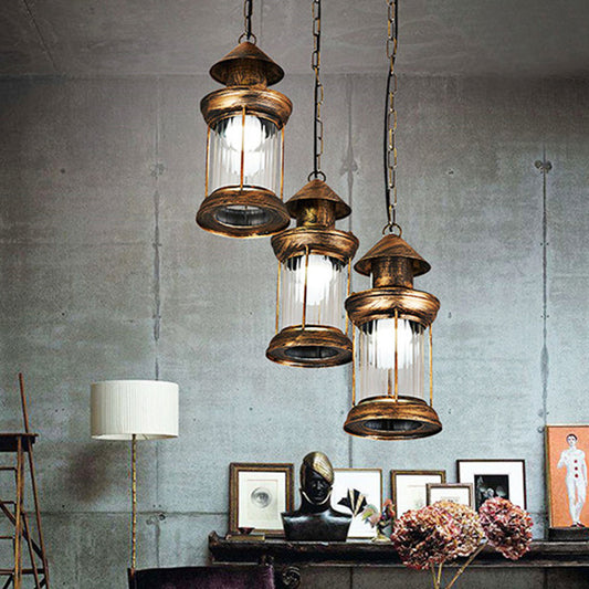 Coastal Kerosene Multi Ceiling Light 3-Head Metallic Pendant Lamp in Brass with Clear Ribbed Glass Shade Brass Clearhalo 'Art Deco Pendants' 'Cast Iron' 'Ceiling Lights' 'Ceramic' 'Crystal' 'Industrial Pendants' 'Industrial' 'Metal' 'Middle Century Pendants' 'Pendant Lights' 'Pendants' 'Tiffany' Lighting' 1472985