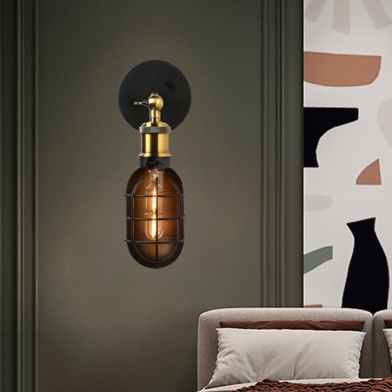 Capsule Cage Restaurant Wall Light Sconce Factory Metal 1 Head Black and Brass Wall Lamp Clearhalo 'Art deco wall lights' 'Cast Iron' 'Glass' 'Industrial wall lights' 'Industrial' 'Middle century wall lights' 'Modern' 'Rustic wall lights' 'Tiffany' 'Traditional wall lights' 'Wall Lamps & Sconces' 'Wall Lights' Lighting' 1473028