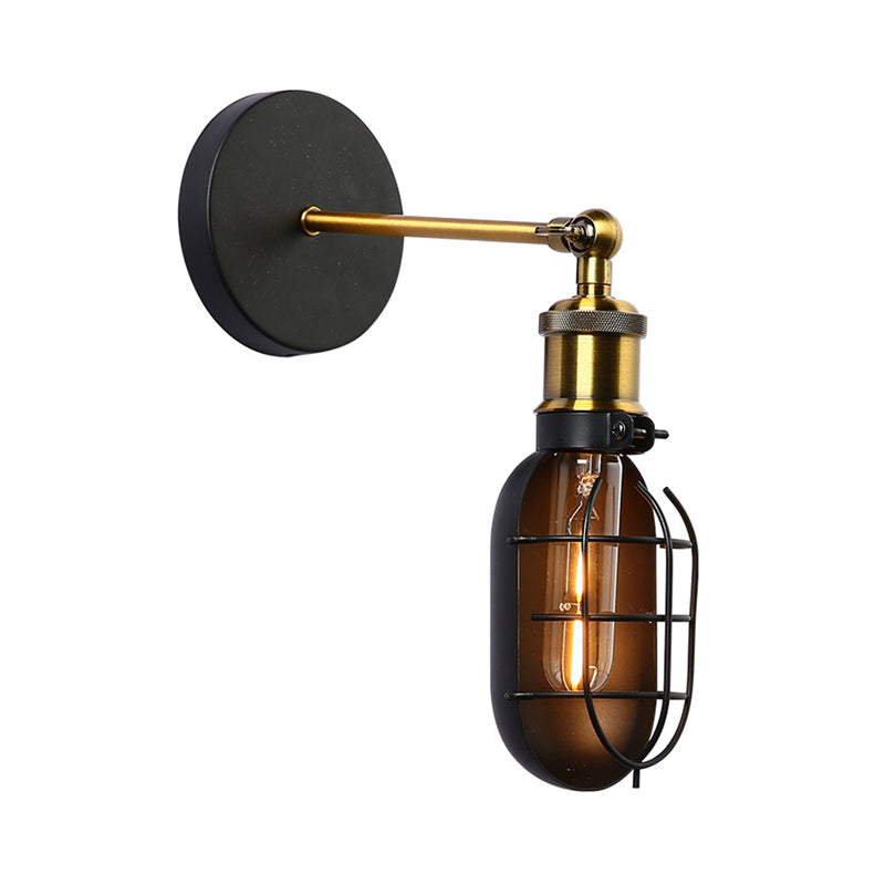 Capsule Cage Restaurant Wall Light Sconce Factory Metal 1 Head Black and Brass Wall Lamp Clearhalo 'Art deco wall lights' 'Cast Iron' 'Glass' 'Industrial wall lights' 'Industrial' 'Middle century wall lights' 'Modern' 'Rustic wall lights' 'Tiffany' 'Traditional wall lights' 'Wall Lamps & Sconces' 'Wall Lights' Lighting' 1473029